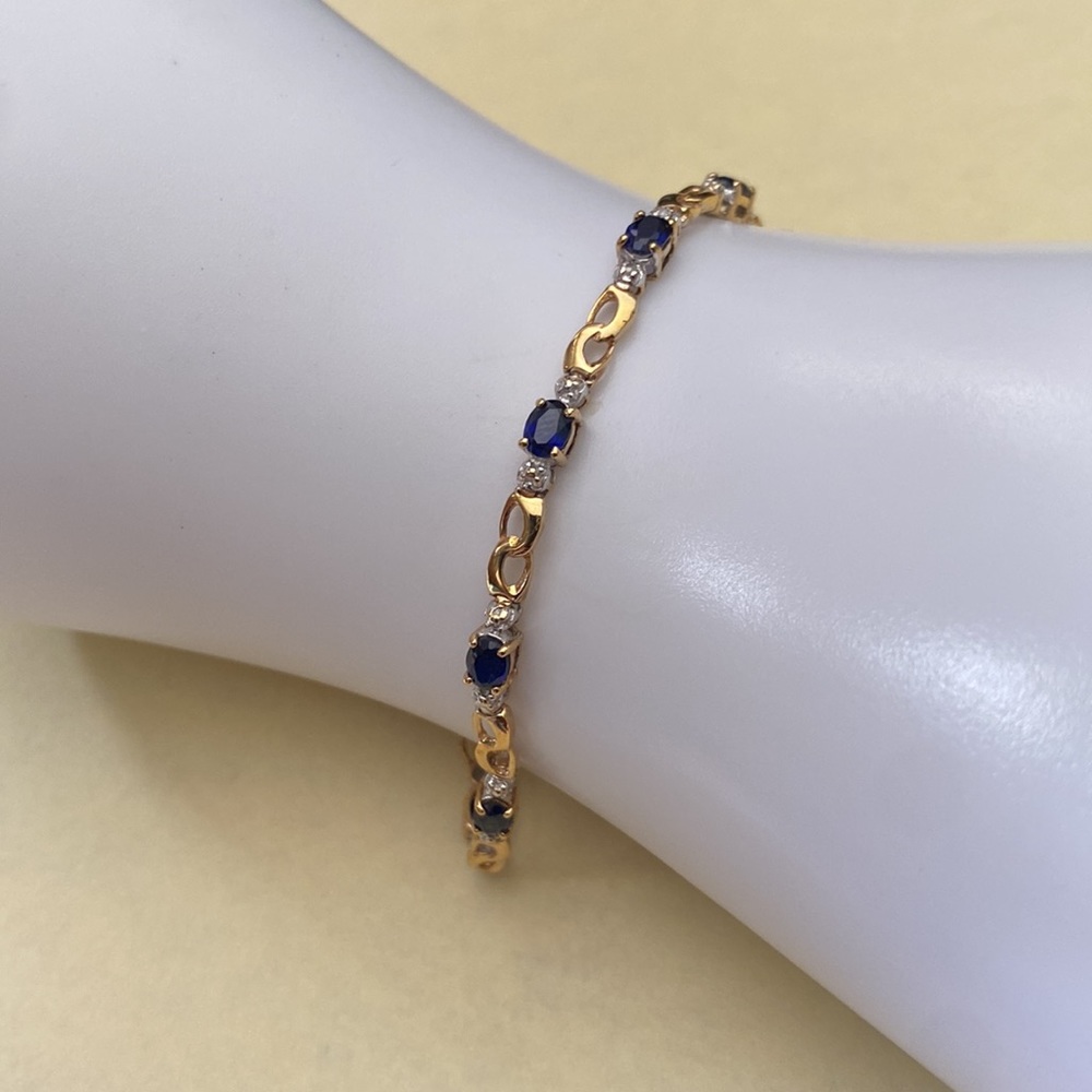 Beautiful Solid 10K Yellow Gold Blue Lab Sapphires/2 Diamonds Tennis Bracelet. - Picture 4 of 14
